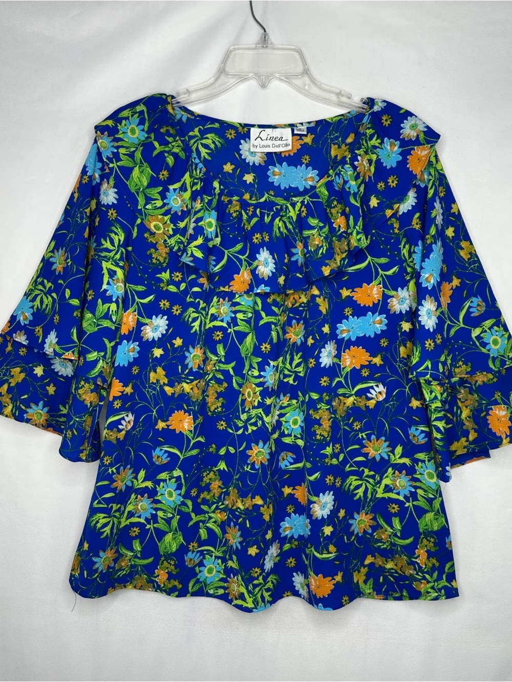 Linea by Louis Dell'Olio Blue Floral Ruffle Neck Blouse Boho Sz M‎